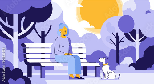 A serene illustration of an elderly woman enjoying a peaceful moment on a park bench with her loyal dog.