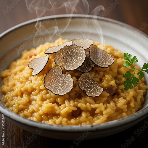 Creamy saffron risotto generously topped with thin slices of dark truffle and fresh parsley garnish