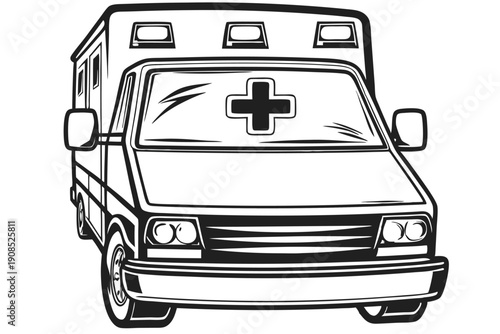 Ambulance Car Outline, Emergency Vehicle Illustration, Black and White Transport Clipart