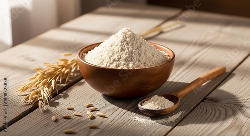 Finely ground grain product sits mounded high in a wooden bowl beside a spoon on rustic table surface