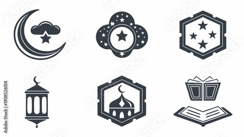 Ramadan icons set with mosque, lantern, and crescent moon symbols