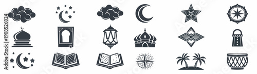 Ramadan icons set with mosque, crescent moon, stars, lanterns