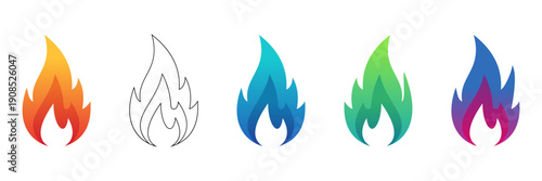 Fire flame icons set, colorful modern vector fire flame icons for logo design, energy, heat, burn symbols, app, web, game
