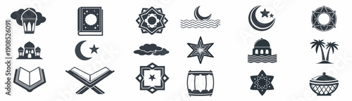 Ramadan icons set with mosque, crescent moon, and star symbols