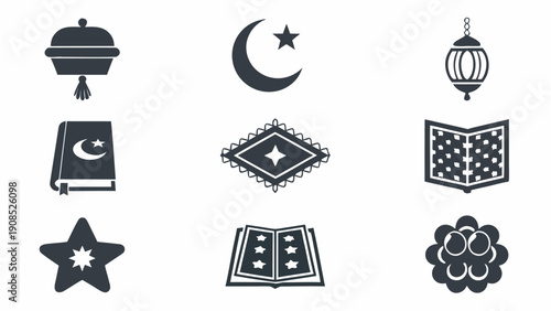 Ramadan icons set with crescent moon and stars