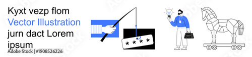 Online fraud, phishing prevention, cybersecurity, data protection, malware detection, and tech education. Fishing rod with password, man holding a bulb Trojan horse. Cybersecurity and phishing