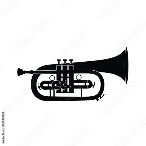 Black silhouette of a pocket trumpet musical instrument isolated on white background
