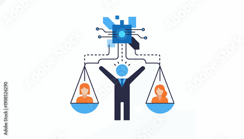 Businessman balancing scales with people icons and robotic elements.