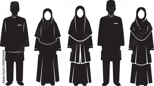 Five people standing together in traditional attire with different headwear