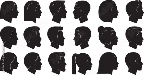 Diverse silhouettes of people showcasing various hairstyles and head shapes