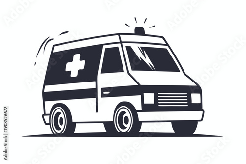Monochrome Cartoon Ambulance Vehicle with Siren and Medical Cross Emergency