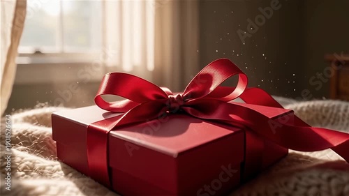 Red gift box with satin ribbon on cozy knitted blanket in sunlit bedroom