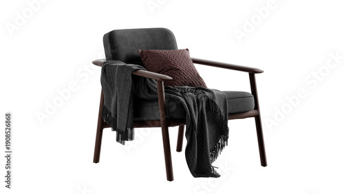 Quadro su tela A comfortable wooden chair with a black cushion and coverlet on a transparent background