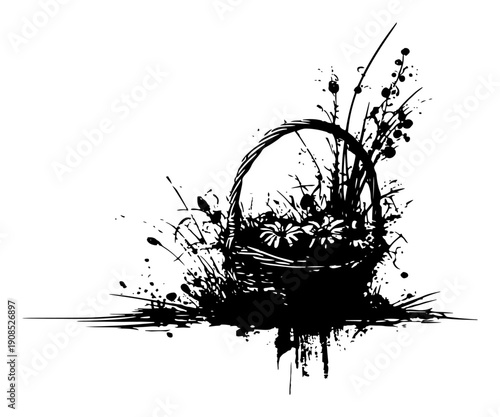 Woven wicker basket with flowers and grass grunge illustration