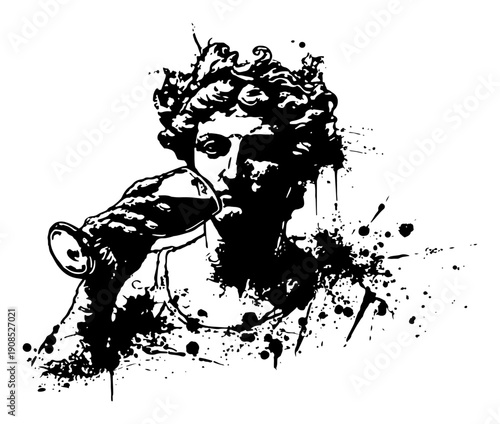 Classical statue bust holding a drinking horn with grunge ink splatter