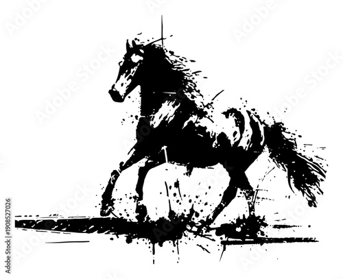 Galloping horse silhouette with motion and grunge ink splatter