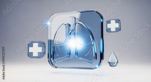 Transparent lungs icon with medical symbols and water droplet  