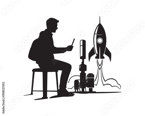 Man with Tablet and Rocket Launch Pad with Rocket Ascending on White Background
