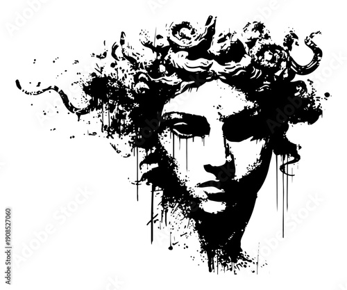 Medusa head with snake hair and grunge black ink splatter