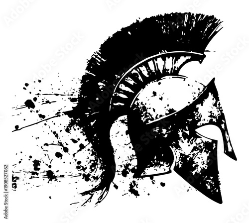Side profile of Spartan helmet with crest in grunge ink style