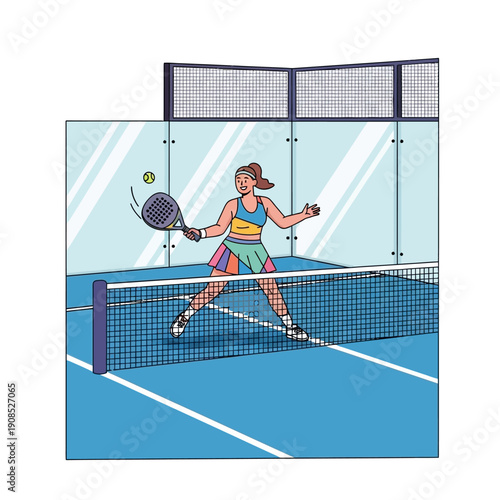 Woman playing padel tennis on a blue court, hitting the ball with a racket.
