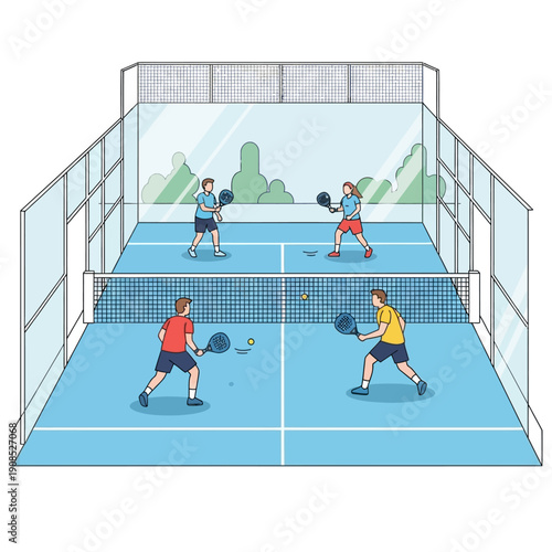 Four people playing padel tennis on a blue court with glass walls and net