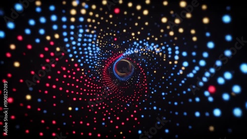 3D animation of glowing particle tunnel with red blue and yellow dots in dynamic spiral motion