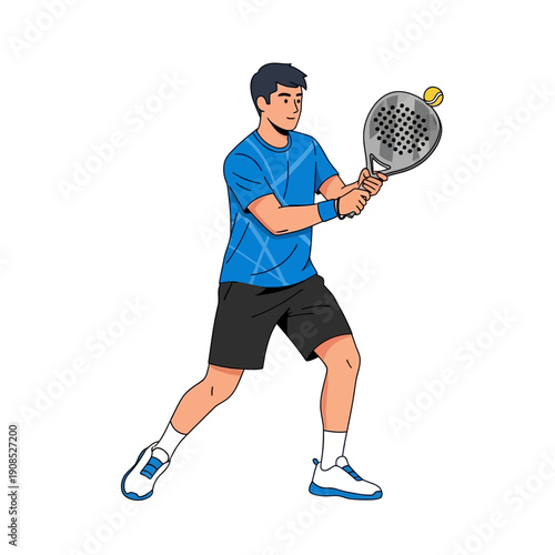 Man playing padel tennis, hitting ball with racket, active sport, outdoor leisure