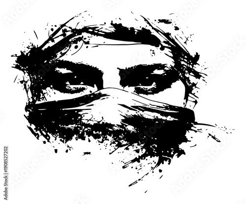 Mysterious face with eyes looking through cloth mask scarf