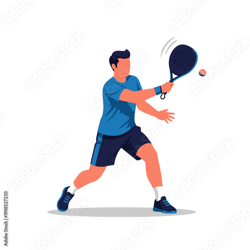 Man playing padel tennis, hitting the ball with racket, dynamic sports action, outdoor court
