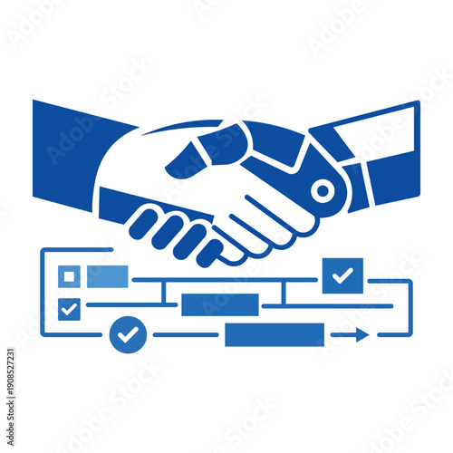 Human and robot handshake with project planning workflow, artificial intelligence collaboration and business partnership flat vector illustration