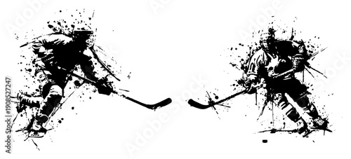 Two ice hockey players silhouette with grunge ink splatter effects