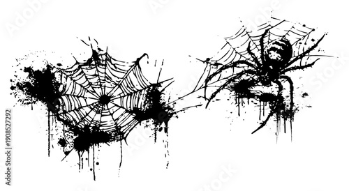 Spider and web silhouette with grunge black ink splatter
