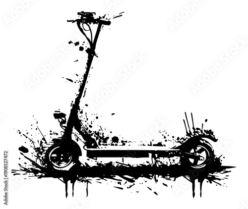 Electric scooter silhouette with grunge ink splatters and messy drips