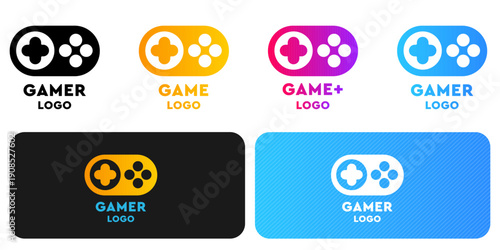 Professional gamer logo collection featuring minimalist gamepad icons with colorful gradients. Branding set for esports teams, YouTube channels, and gaming community identities.