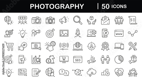 Photography Icon Set: A comprehensive collection of 50 icons representing various facets of photography. From cameras to social media, these icons offer a wide range of applications.