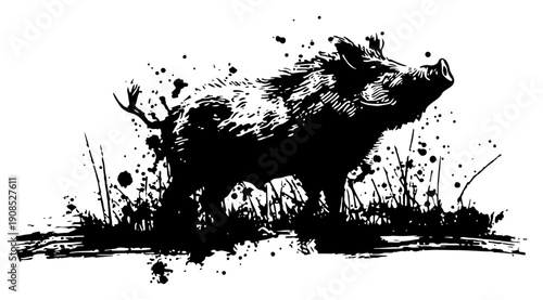Wild boar illustration in expressive black ink grunge style