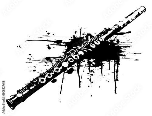 Classical flute wind instrument vector illustration with grunge ink splashes