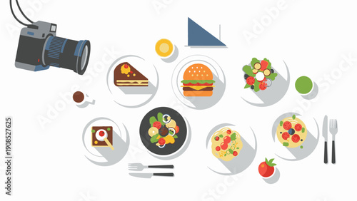 Flat lay illustration of various food dishes and a camera on a white background with a mix of plates, utensils, and colorful culinary items.
