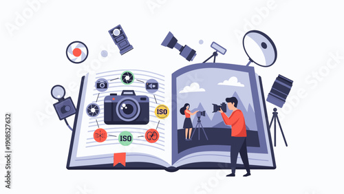 Flat illustration of an open book with photography equipment and icons on a white background, conveying a creative and educational mood.