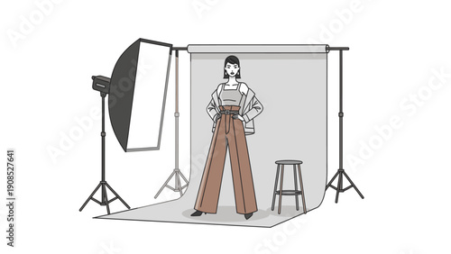 An illustrated woman modeling on a photo studio set with lighting equipment and a backdrop.