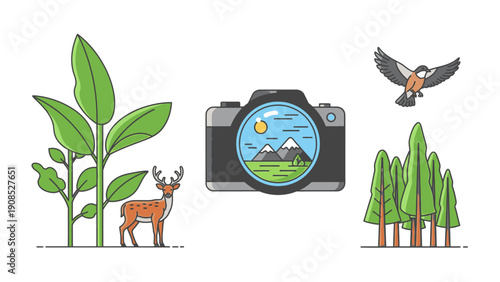 Flat lay of a camera with a scenic view through the lens surrounded by illustrations of a deer, plants, trees, and a bird in flight against a clean white background.