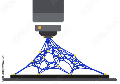 Adaptive manufacturing builds a complex, interwoven structure using a laser. The dynamic design showcases 3D printing technology and intricate detail. Modern, technical illustration.
