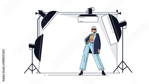 Illustration of a stylish man posing confidently in a photography studio with professional lighting equipment.