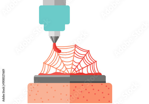 A 3D printer creates a spiderweb design using bio-ink. The image showcases a modern, detailed print on a textured surface, highlighting innovative design and technology.