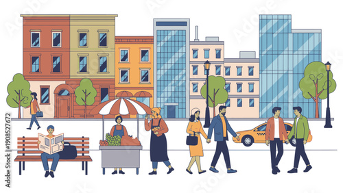 Illustration of people walking and sitting in a city street with buildings and a market stall in a colorful, flat design style.