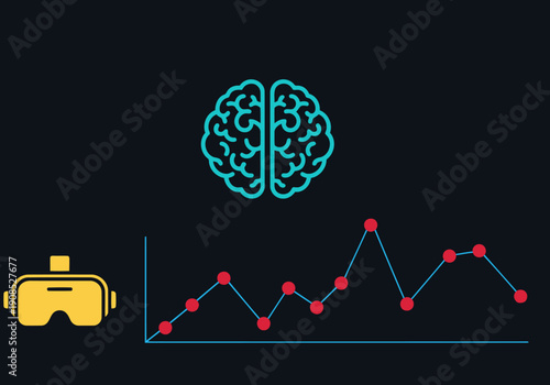 AI VR mood track visualization featuring a brain graphic and data chart. A VR headset icon highlights the electric cobalt mood track. Modern, digital, and visually engaging.