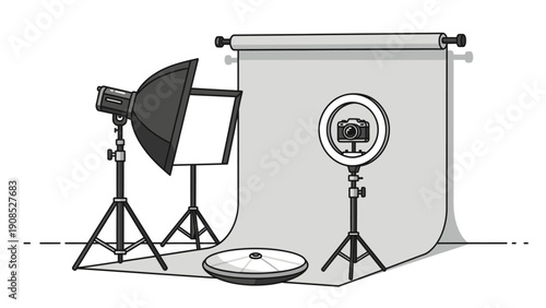 A studio setup with photography equipment including a backdrop, softbox, reflector, and light on stands against a plain white background.