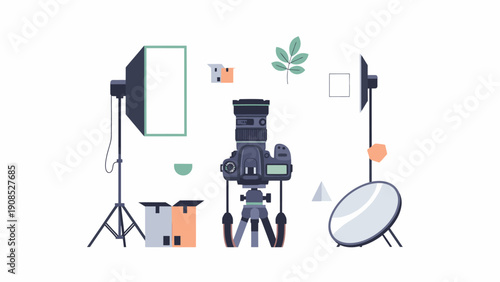 Flat lay illustration of film and photography equipment with studio lights, reflectors, and accessories on a white background.