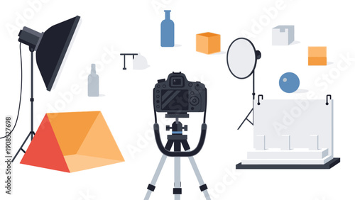 Flat lay of various photography equipment and accessories on a white background, including a softbox, umbrella, tripod, reflector, and lighting gels.